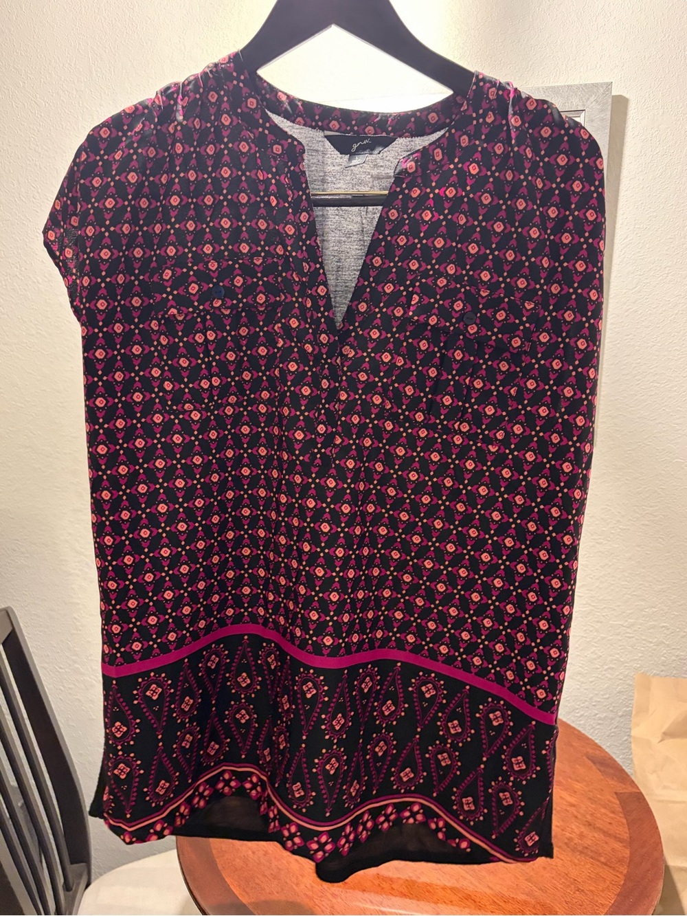 GNW Black Blouse with Pink Geometric Print